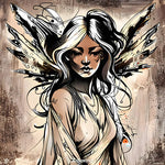 Frau mit fragmentierten Flügeln aus Metall und Rauch, umgeben von Licht und Schatten in erdigen Beige- und Sepiatönen.