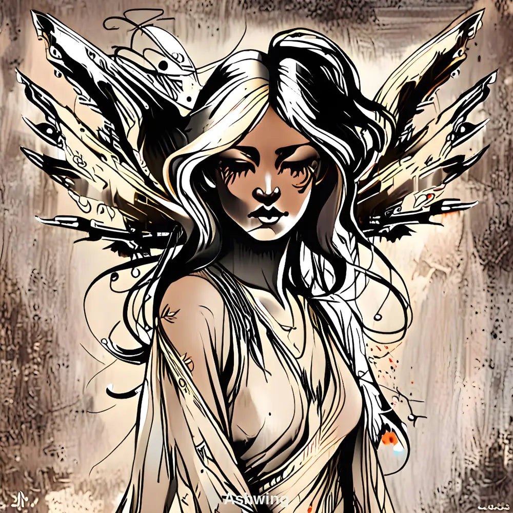 Frau mit fragmentierten Flügeln aus Metall und Rauch, umgeben von Licht und Schatten in erdigen Beige- und Sepiatönen.