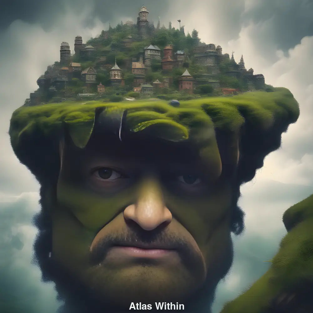 Antlitz eines uralten Wesens, aus dessen Kopf eine Stadtlandschaft aus Türmen, Häusern und Wäldern emporwächst.