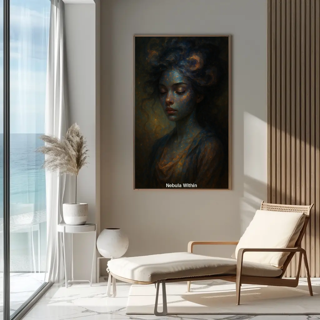 Dunkler Fine Art Print mit mystischem Frauenporträt über hellem modernem Interior