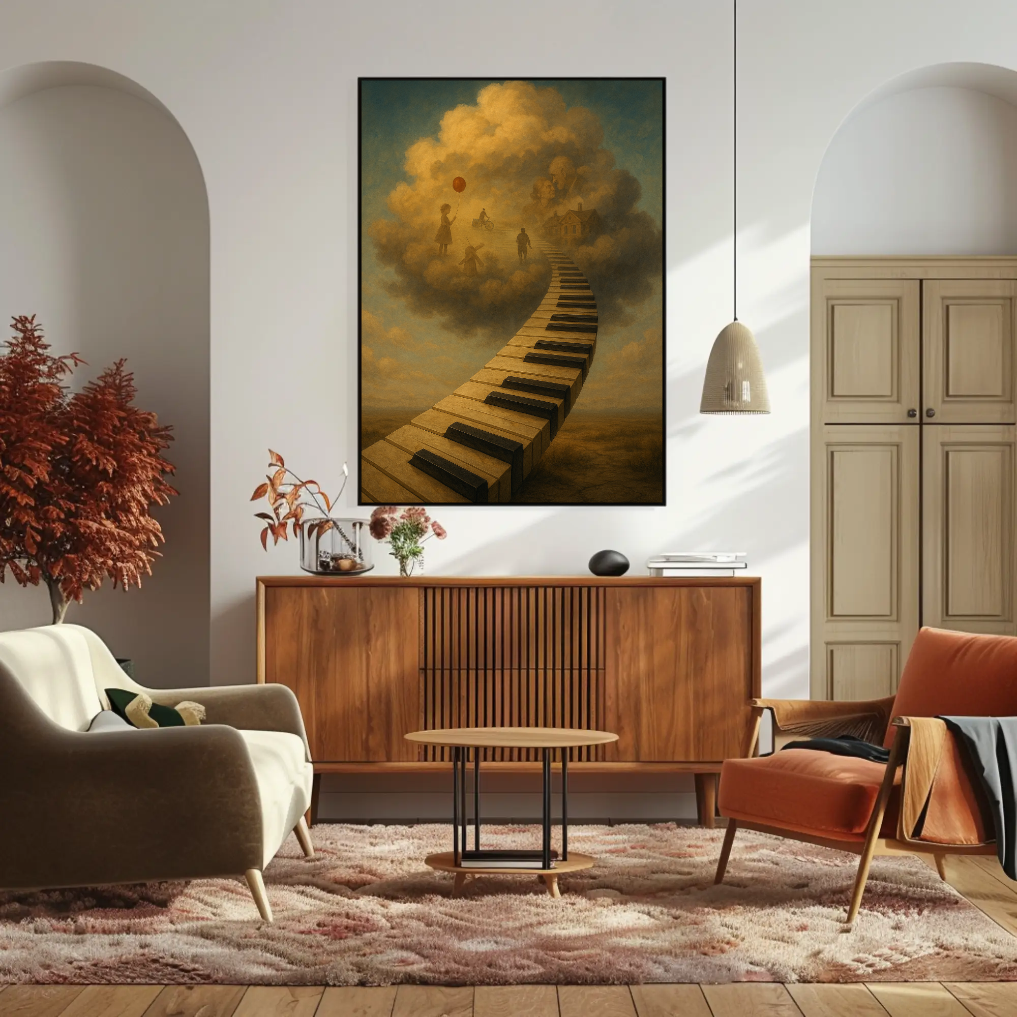 Surrealer Fine Art Print mit schwebendem Weg durch Wolken in stilvoller Wohnraumgestaltung