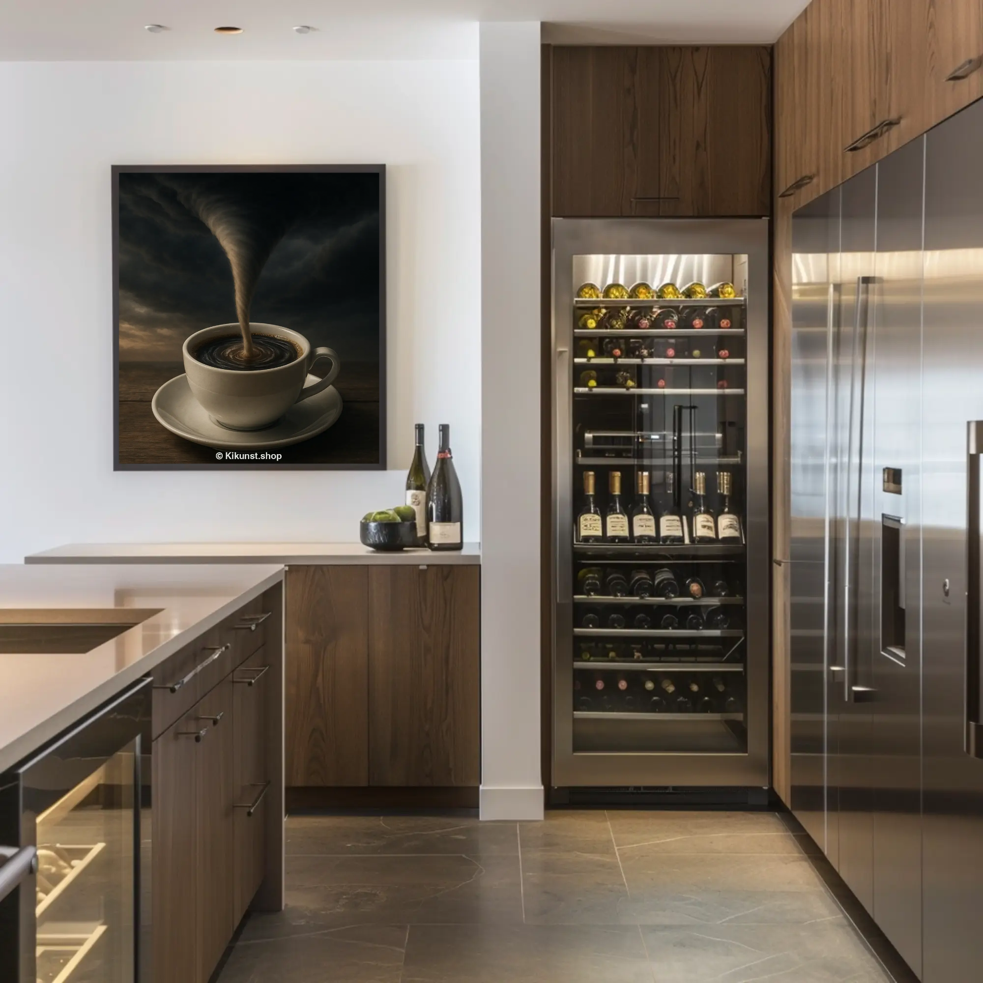 Fine Art Print mit dampfender Tasse und sturmähnlichem Wirbel in modernem Wohnraum mit Holzinterieur.
