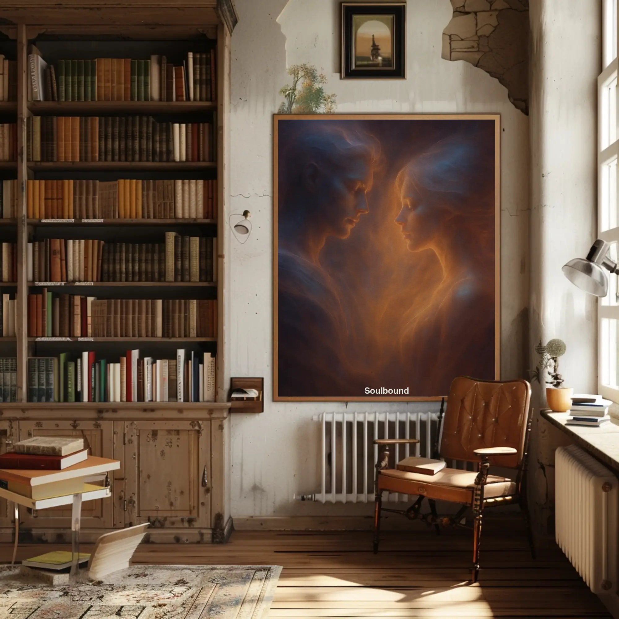 Abstrakter Fine Art Print mit dunkler Silhouette und warmen Lichtakzenten über einem stilvollen Bücherregal.