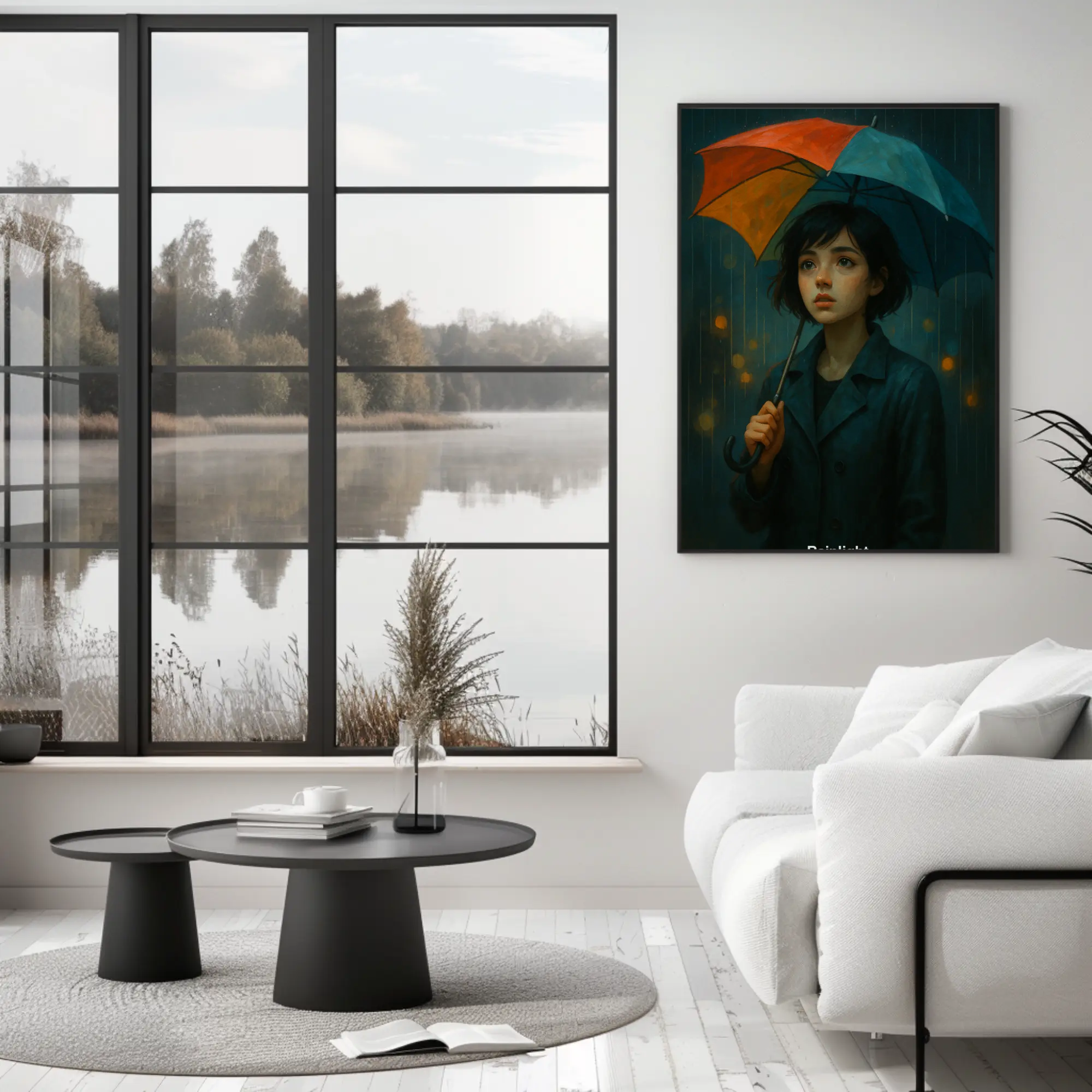 Fine Art Print mit Figur unter farbigem Schirm und stimmungsvoller Lichtatmosphäre im Wohnraum