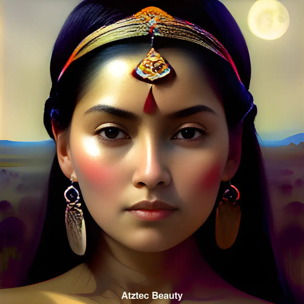 Porträt einer Aztekischen Frau mit traditioneller Tracht, kunstvollem Haarschmuck und prächtigem Schmuck im authentischen Stil.