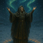 Magische Frau mit Runen und Polarlichtern bei Schnee – digitale Fantasy-Kunst