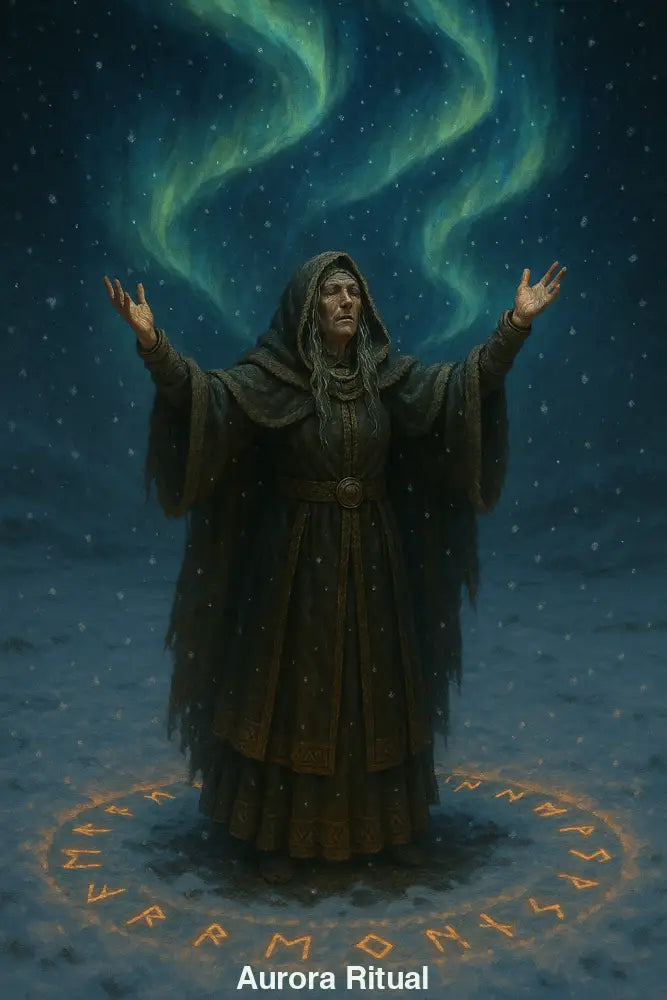 Magische Frau mit Runen und Polarlichtern bei Schnee – digitale Fantasy-Kunst