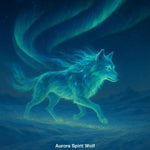 Magischer Wolf aus Licht und Sternen wandert durch verschneite Landschaft unter buntem Polarlicht.
