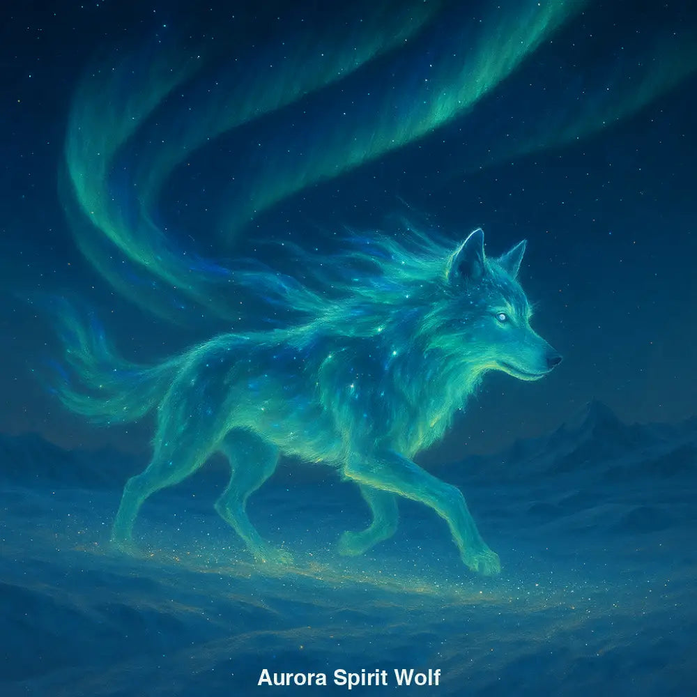 Magischer Wolf aus Licht und Sternen wandert durch verschneite Landschaft unter buntem Polarlicht.