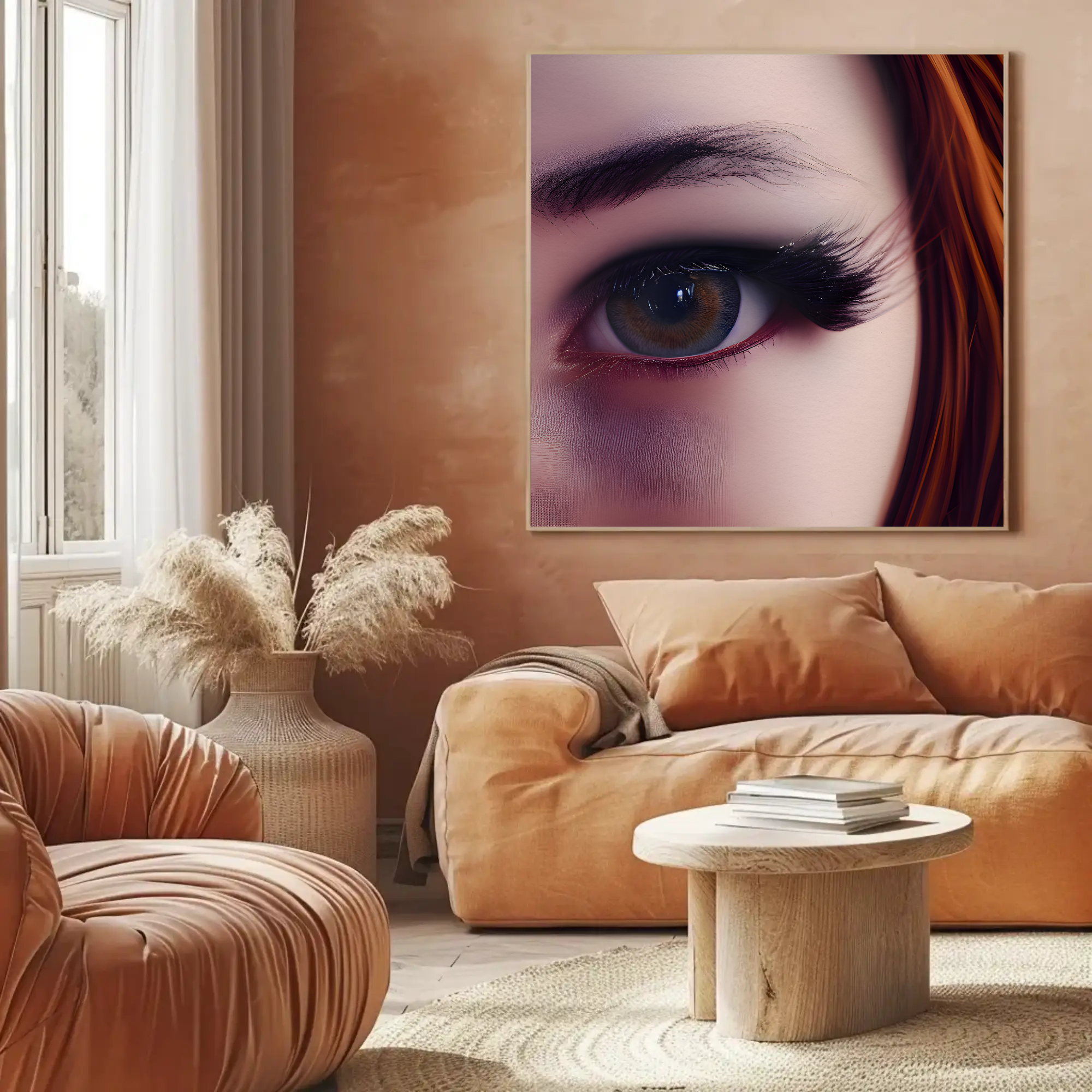 Fine-Art-Print mit intensiver Augen-Nahaufnahme und weichen Lichtreflexen über moderner Inneneinrichtung.