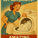 Frau im 50er-Jahre-Kleid mit Schürze steht lächelnd neben geöffnetem Waschmaschinentrommelraum mit schäumendem Waschmittel.