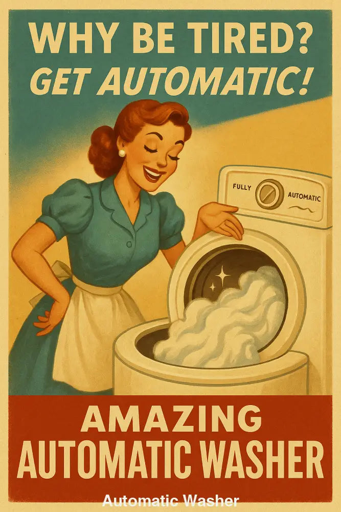 Frau im 50er-Jahre-Kleid mit Schürze steht lächelnd neben geöffnetem Waschmaschinentrommelraum mit schäumendem Waschmittel.