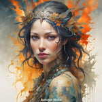 Porträt einer Frau mit Blätter- und Federkranz im Haar, umgeben von dynamischen Farbexplosionen in Orange, Ocker und Erdtönen.