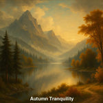 Digitale Herbstlandschaft mit See, goldenen Bäumen und Bergpanorama bei Sonnenuntergang