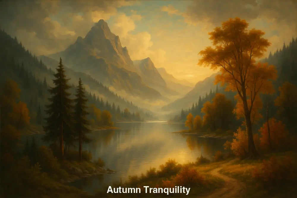 Digitale Herbstlandschaft mit See, goldenen Bäumen und Bergpanorama bei Sonnenuntergang