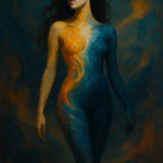 Farbintensives Porträt einer Frau mit Körper in Blau und Orange – Symbol für Feuer, Wasser und innere Balance.