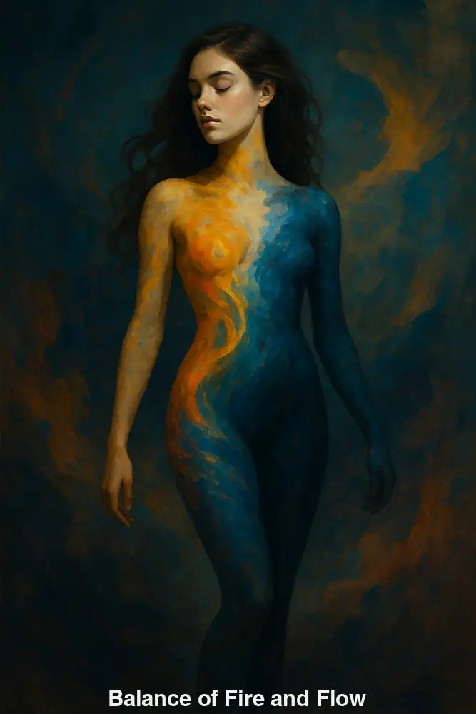 Farbintensives Porträt einer Frau mit Körper in Blau und Orange – Symbol für Feuer, Wasser und innere Balance.