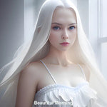 Porträt einer Frau mit langem, weißem Haar im sanften Morgenlicht – strahlt Reinheit, Ruhe und zeitlose Eleganz aus.