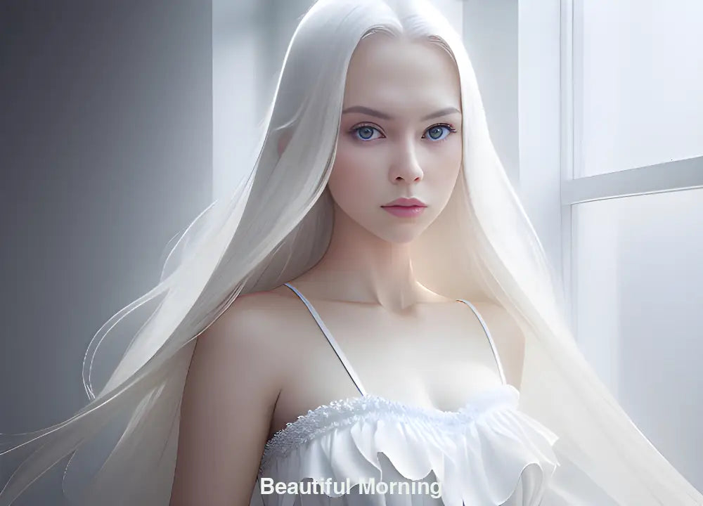 Porträt einer Frau mit langem, weißem Haar im sanften Morgenlicht – strahlt Reinheit, Ruhe und zeitlose Eleganz aus.