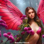 Fantasy-Waldfee mit roten Schmetterlingsflügeln umgeben von pinken Blüten in mystischem Waldlicht – KI-generiertes Porträt.