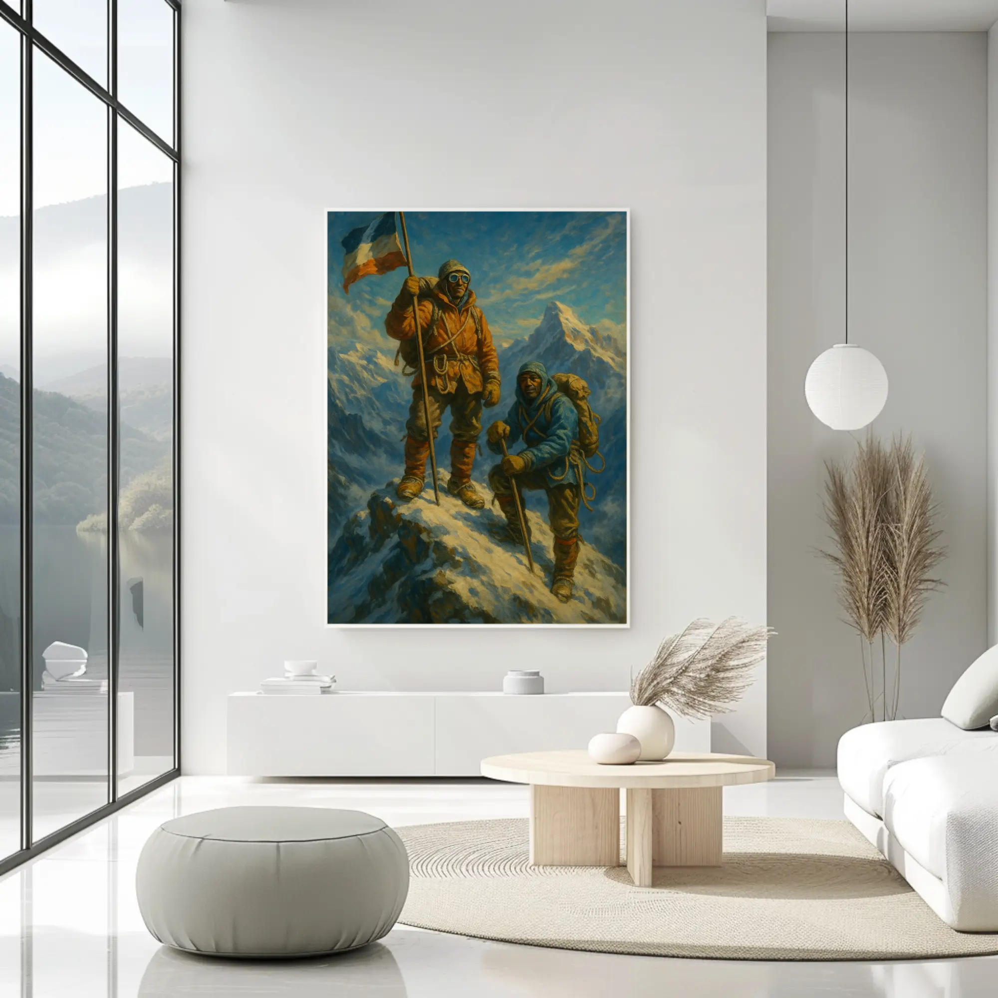 Inspirierender Fine Art Print mit Bergsteigern auf einem Gipfel in modernem, lichtdurchflutetem Wohnraum.