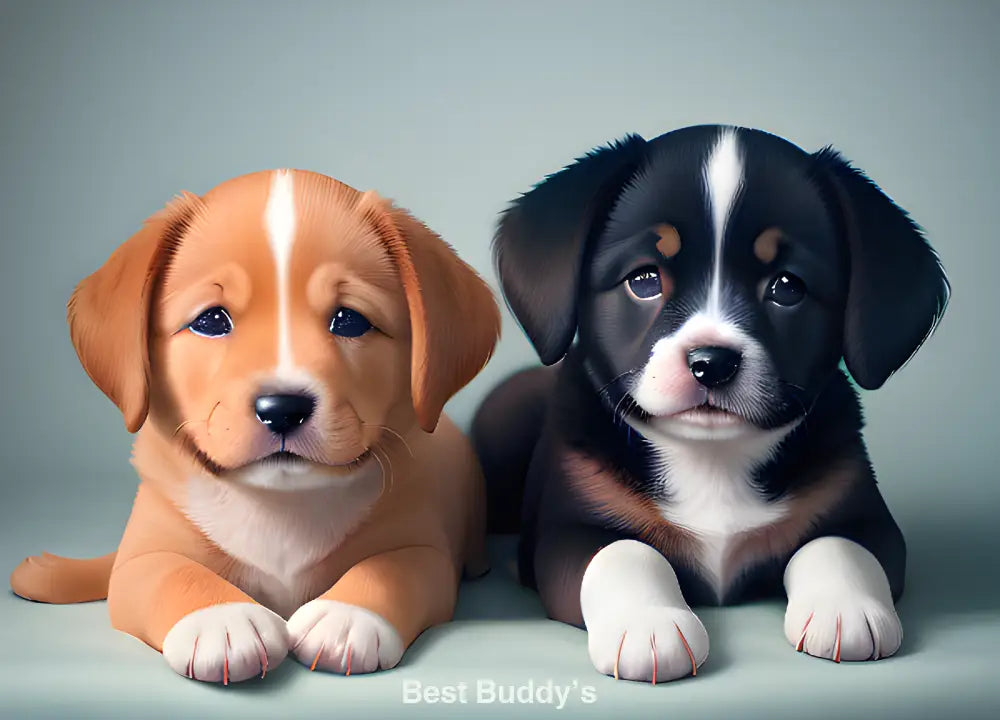 Zwei Welpen, einer braun und einer schwarz-weiß, liegen eng beieinander mit liebevollen Blicken und weichem Fell.