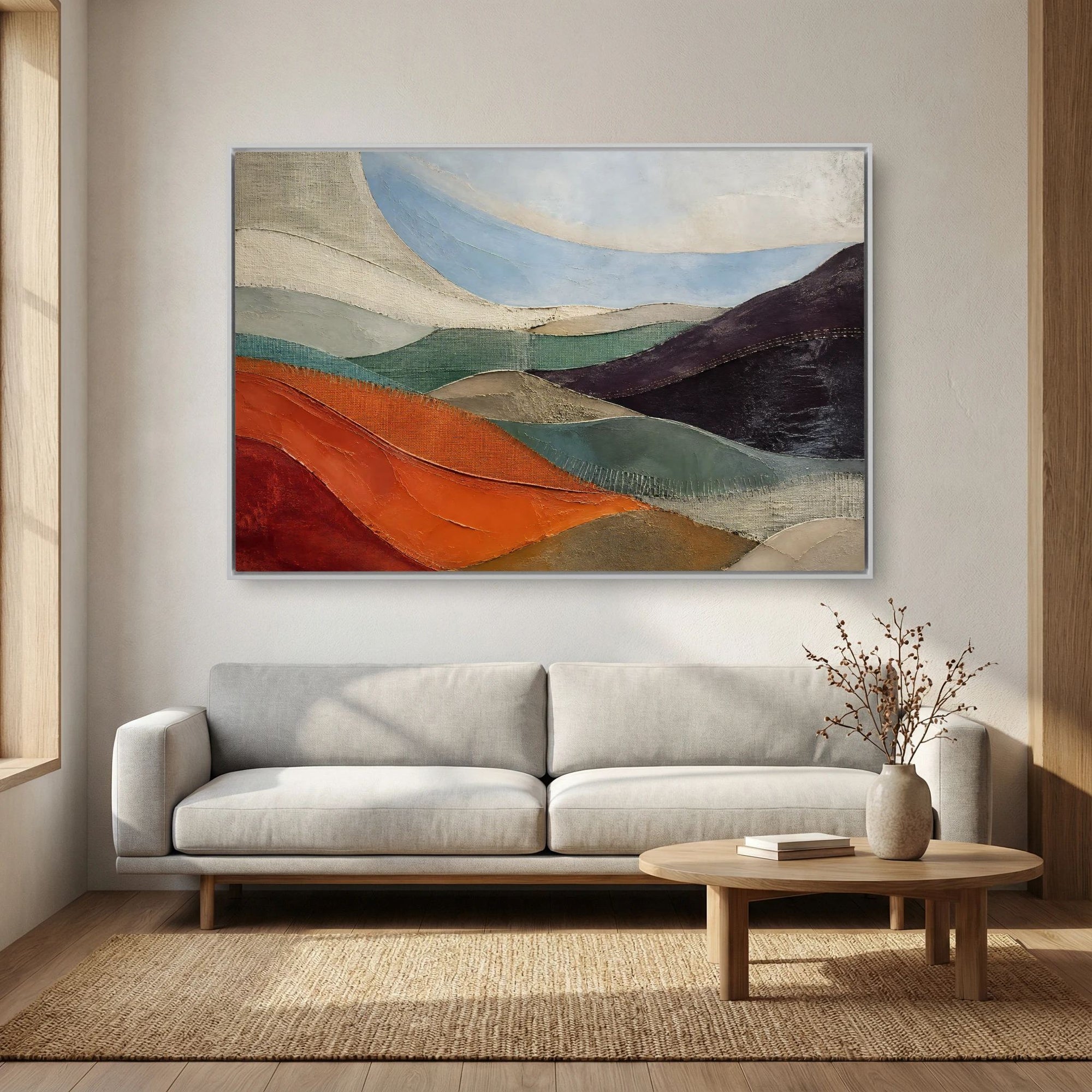 Gerahmtes Leinwandbild mit abstrakten Hügeln in Terrakotta, Salbeigrün, Beige, Blau und Aubergine