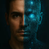 Porträt einer Person, halb menschlich, halb aus leuchtenden Schaltkreisen mit glühendem Datenkern-Auge – Transhumanismus symbolisiert.