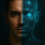 Porträt einer Person, halb menschlich, halb aus leuchtenden Schaltkreisen mit glühendem Datenkern-Auge – Transhumanismus symbolisiert.