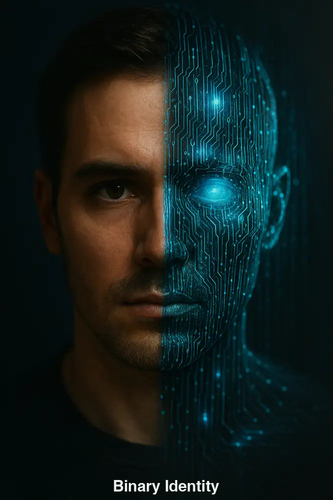 Porträt einer Person, halb menschlich, halb aus leuchtenden Schaltkreisen mit glühendem Datenkern-Auge – Transhumanismus symbolisiert.