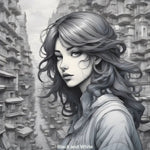 Monochromes Porträt einer jungen Frau vor urbaner Betonarchitektur, in dem Licht und Schatten ihre stille, melancholische Eleganz betonen.