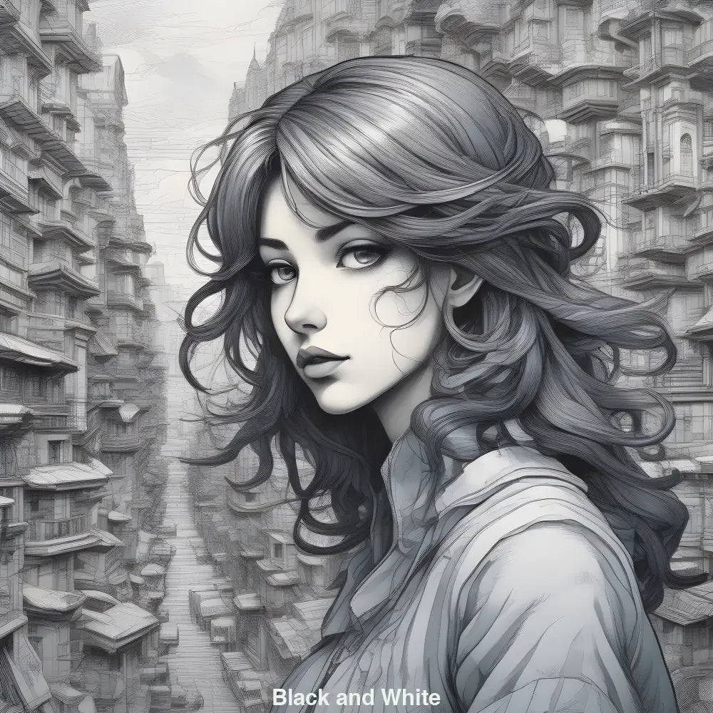 Monochromes Porträt einer jungen Frau vor urbaner Betonarchitektur, in dem Licht und Schatten ihre stille, melancholische Eleganz betonen.