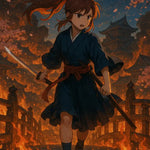 Samurai-Kriegerin im dunklen Kimono mit gezogener Klinge auf einer brennenden Brücke, umgeben von Feuer, Rauch und tanzenden Sakura-Blüten.