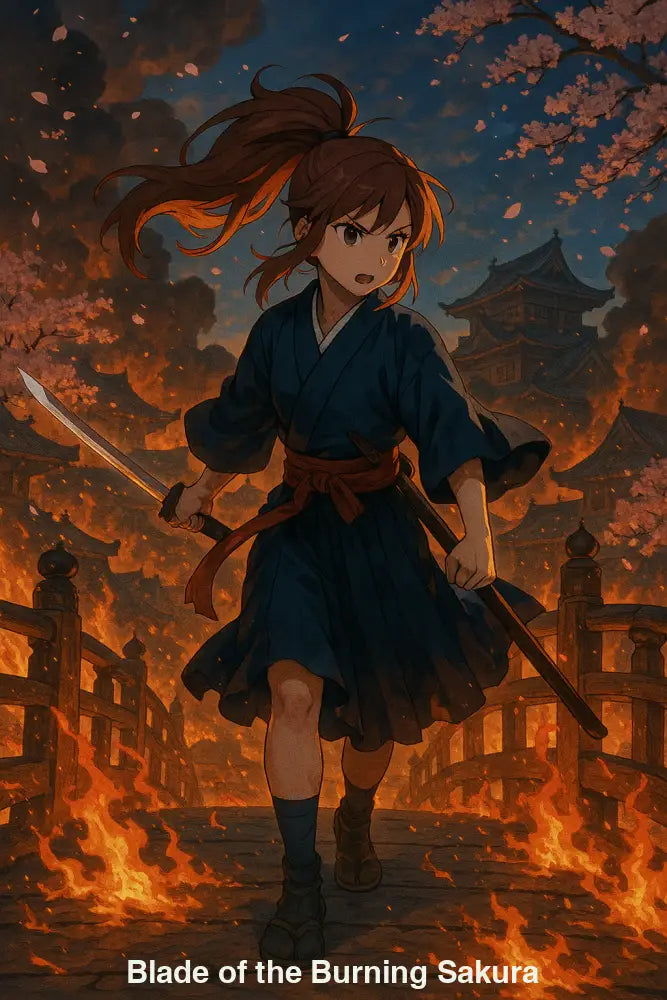 Samurai-Kriegerin im dunklen Kimono mit gezogener Klinge auf einer brennenden Brücke, umgeben von Feuer, Rauch und tanzenden Sakura-Blüten.