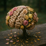Skulptur eines Baums in Gehirnform, umwachsen von verwelkten Rosen auf altem Holztisch – symbolisch für Vergänglichkeit.