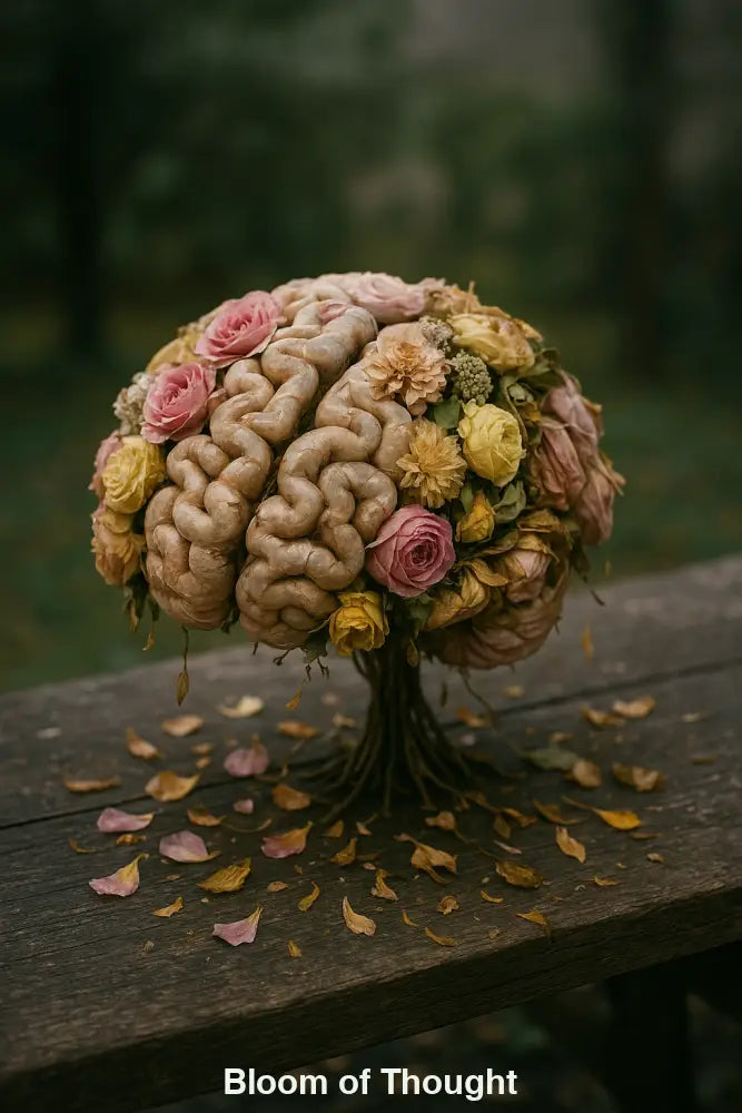 Skulptur eines Baums in Gehirnform, umwachsen von verwelkten Rosen auf altem Holztisch – symbolisch für Vergänglichkeit.