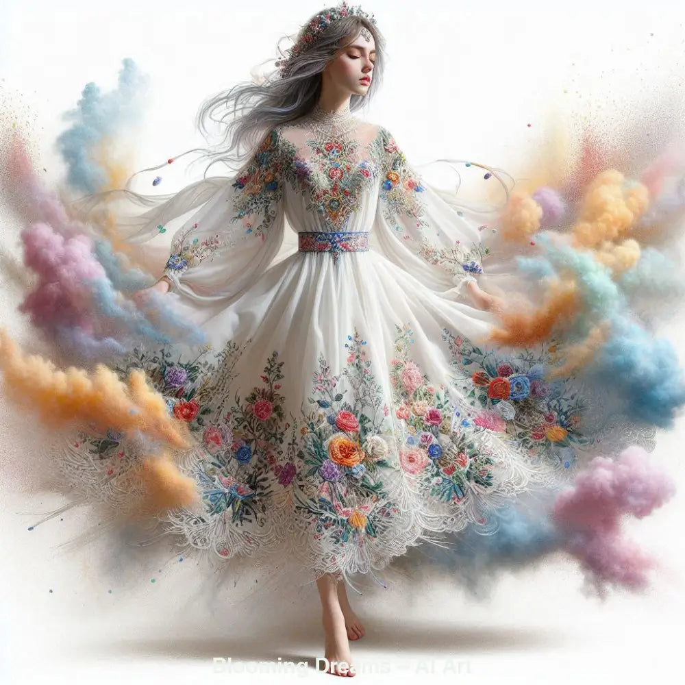 AI Art Frau in weißem Kleid mit Blumenstickerei, umgeben von Farbwolken in Orange, Blau, Rosa und Gelb.