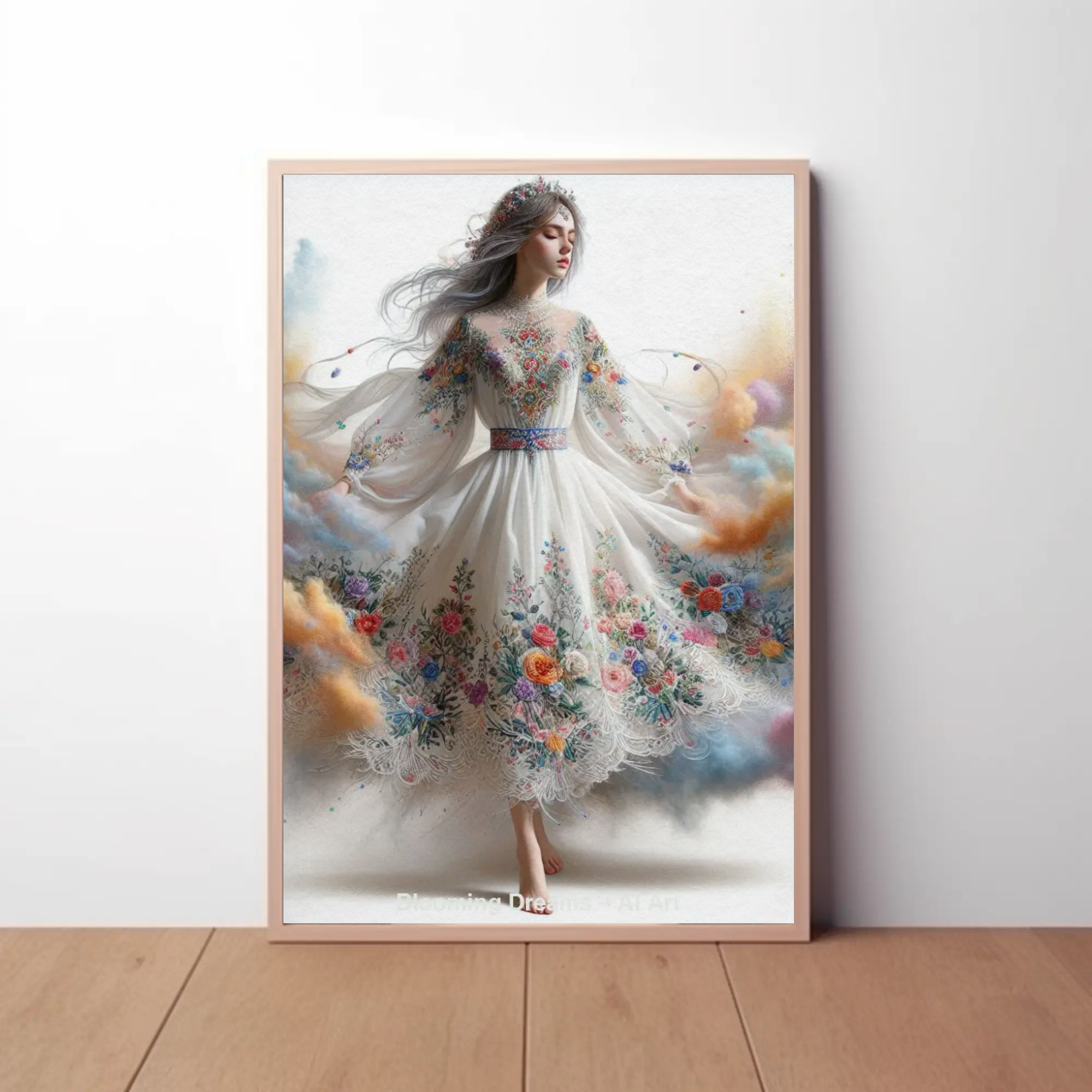 Mockup einer AI Art Frau in weißem Kleid mit Blumenstickerei, umgeben von leuchtenden Farbwolken in Orange, Blau und Rosa eingerahmt.