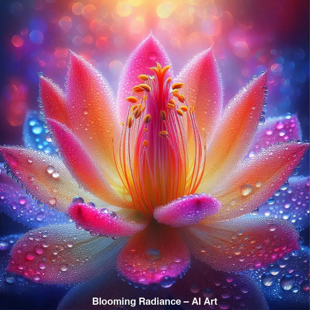 AI Art Blüte in Rosa-, Gelb- und Blautönen mit Tautropfen und sanftem 3D Effekt.