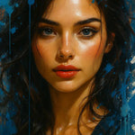 Blue Splash Muse – AI Art, digitales Porträt mit blauen Farbspritzern und realistischer, warmer Ausstrahlung.