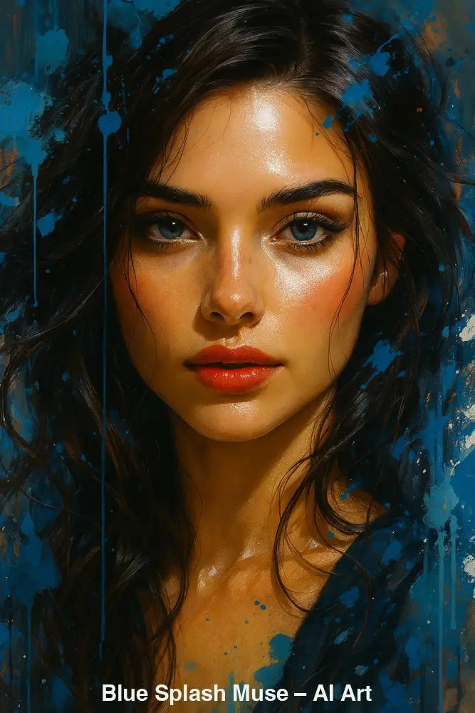 Blue Splash Muse – AI Art, digitales Porträt mit blauen Farbspritzern und realistischer, warmer Ausstrahlung.