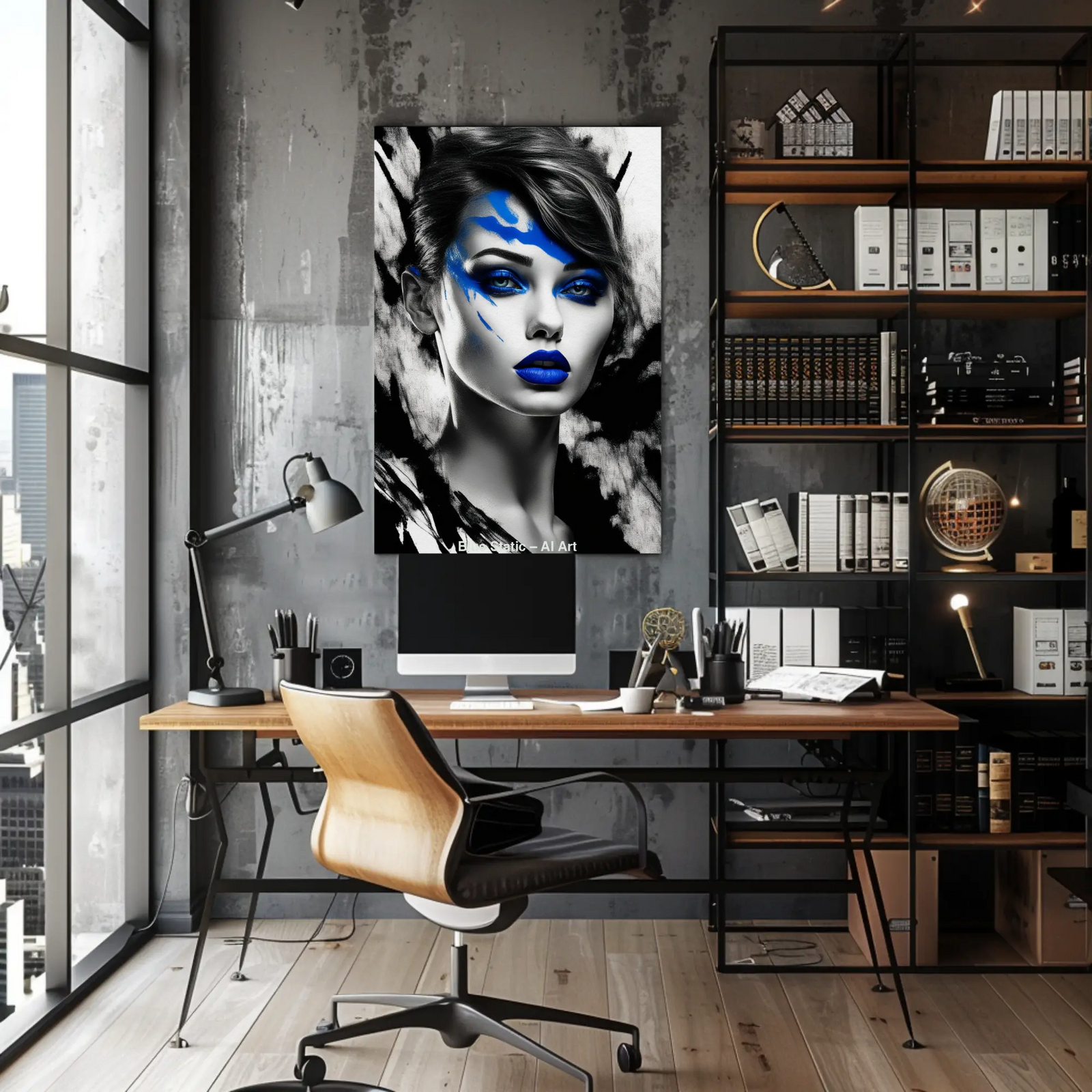 Mockup eines modernen, dunklen Wohnraums mit dem AI-Kunstwerk „Blue Static“, das ein kontrastreiches Porträt mit blauen Akzenten zeigt