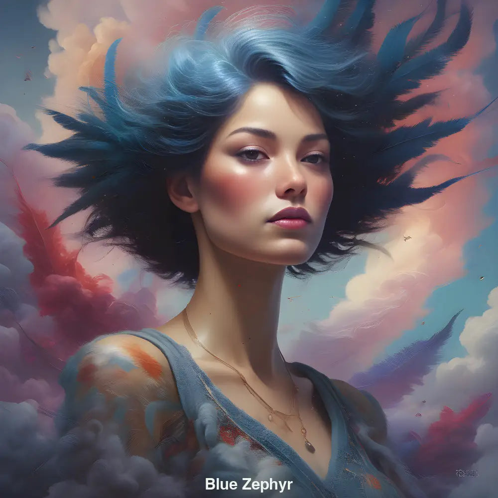 Frau mit federförmigem, wehenden Haar vor Himmelstonen in Blau, Rosa und Gold – symbolisiert Stille und grenzenlose Leichtigkeit.