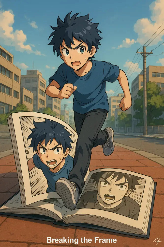 Anime-Junge stürmt mit Dynamik aus den Seiten eines Comicbuchs in eine realistische Straßenszene – symbolisiert kreative Kraft.