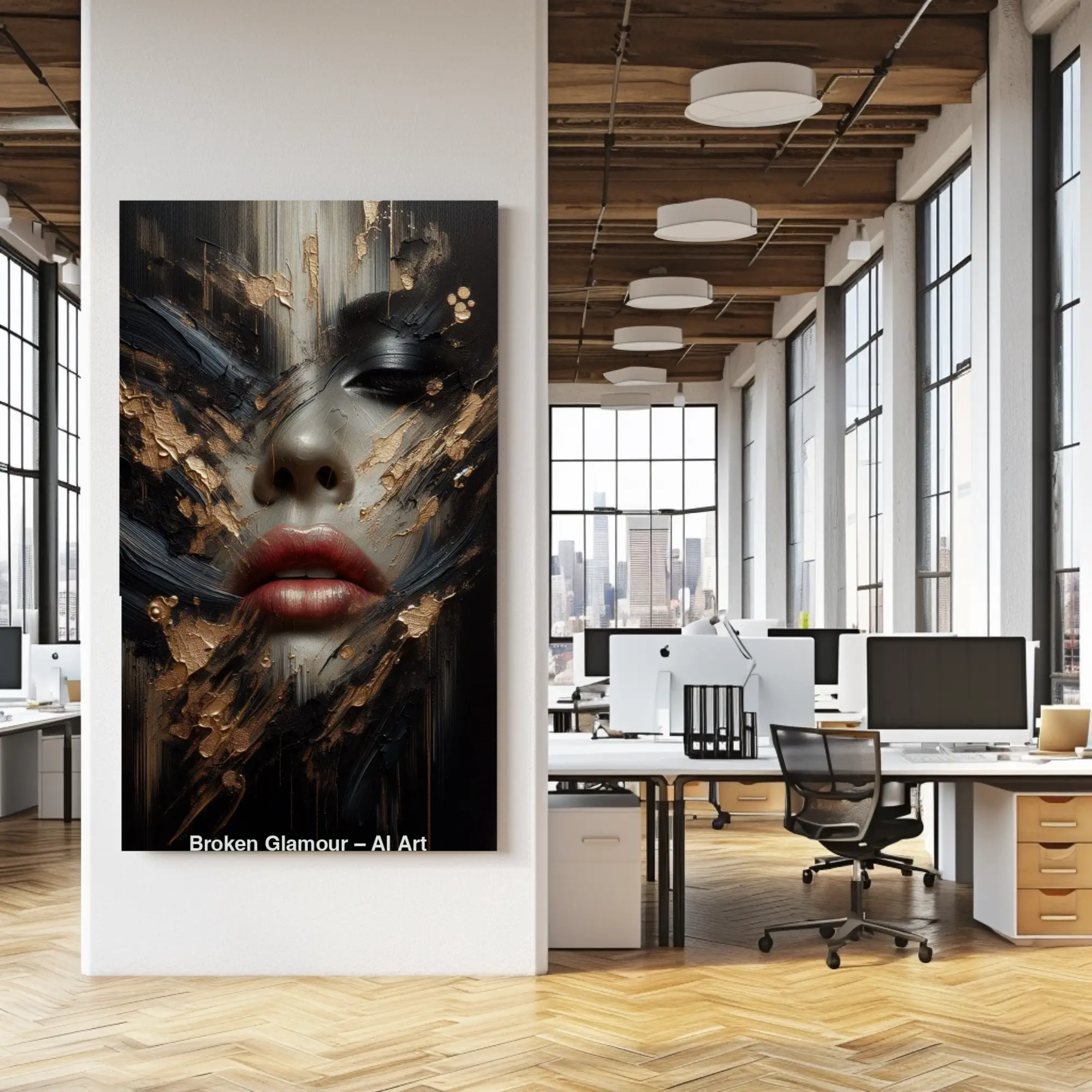 Mockup von Broken Glamour – AI Art mit gold-schwarzer Farbstruktur und markantem abstrakten Porträt.