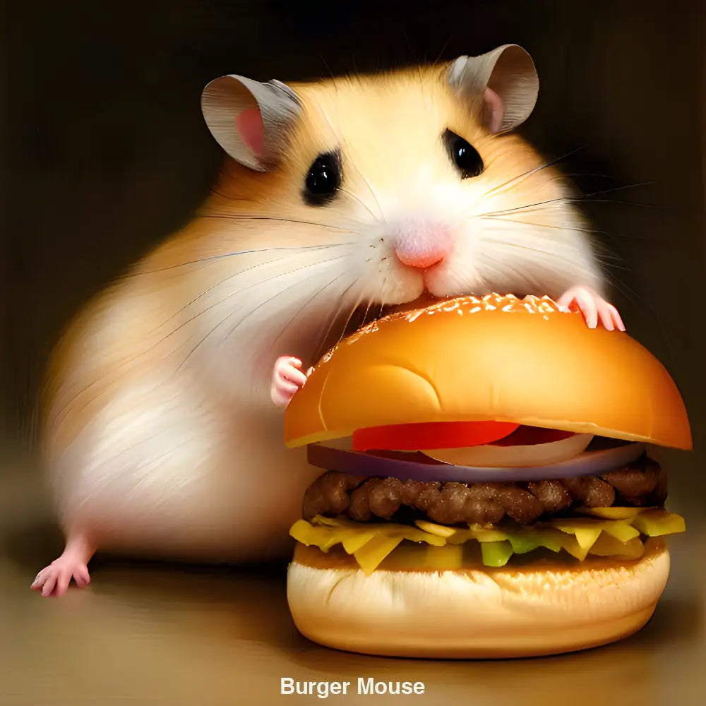 Neugierige Maus sitzt vor einem saftigen Burger auf neutralem Hintergrund – KI-generiertes Kunstwerk.
