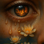 auge mit brennender stadt im spiegelbild und tränen die zu seerosen werden – symbolische ki kunst