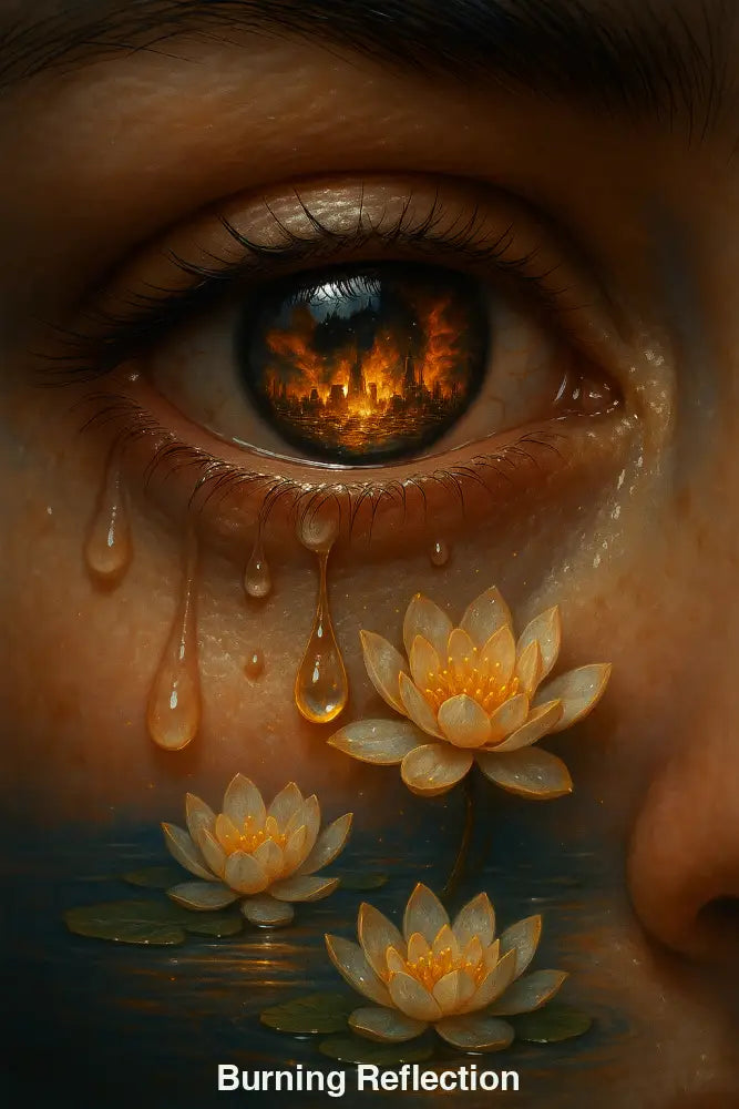 auge mit brennender stadt im spiegelbild und tränen die zu seerosen werden – symbolische ki kunst