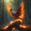 Mystischer Feuervogel mit glühend orangefarbenen Flügeln erhebt sich über brennenden Wurzeln in einem dunklen Wald.