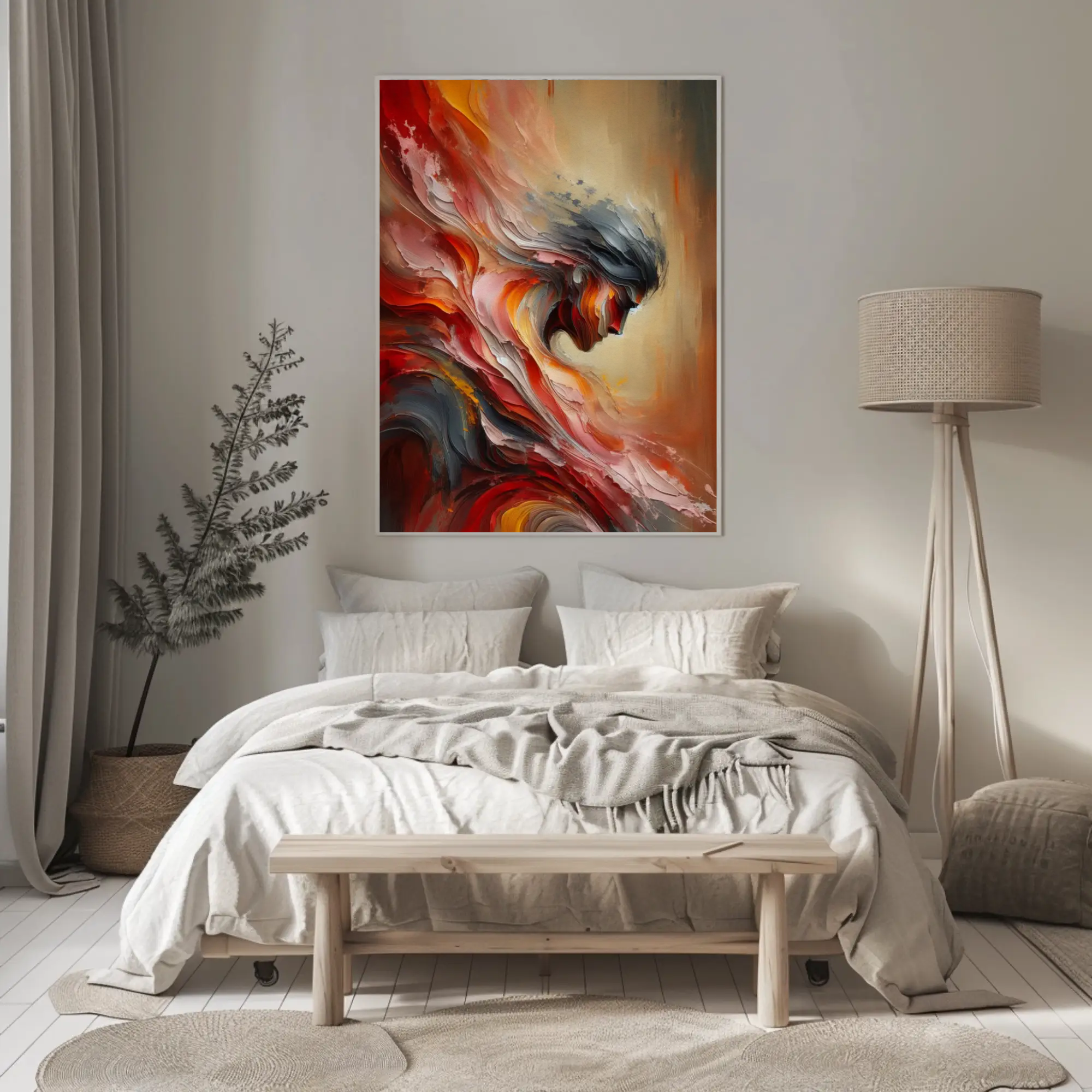 Carried by Fire Fine Art Print mit fließender rot-oranger Energieform über modernem Sofa im Wohnraum.